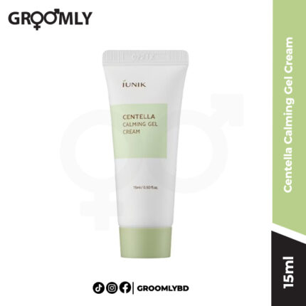 iUNIK Centella Calming Gel Cream 15ml tube, a mini Korean soothing, oil-free gel moisturizer with 70% Centella Asiatica and Tea Tree for oily and sensitive skin.