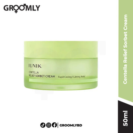 iUNIK Centella Relief Sorbet Cream 50ml jar, a Korean soothing moisturizer with 70% Centella Asiatica and Tea Tree for daily hydration of oily, acne-prone, and sensitive skin.