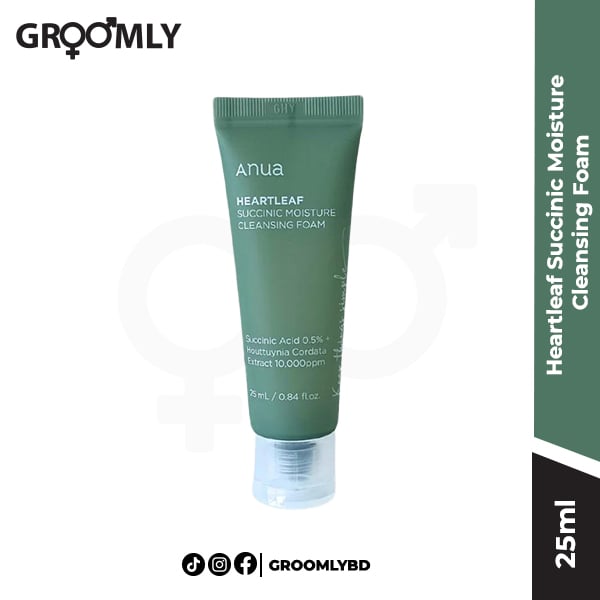 ANUA Heartleaf Succinic Moisture Cleansing Foam 25ml mini size tube, a low pH Korean foaming cleanser with heartleaf extract and succinic acid for sensitive and oily skin.