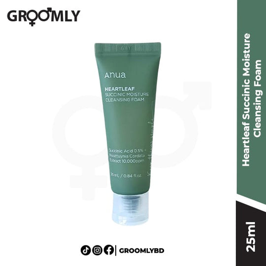 ANUA Heartleaf Succinic Moisture Cleansing Foam 25ml mini size tube, a low pH Korean foaming cleanser with heartleaf extract and succinic acid for sensitive and oily skin.