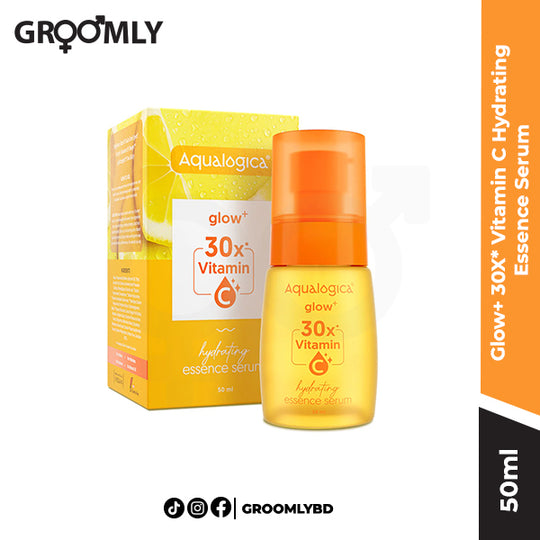 Aqualogica Glow+ 30X* Vitamin C Hydrating Essence Serum 50ml dropper bottle, an Indian serum with stable Vitamin C and Hyaluronic Acid for brightening and antioxidant protection.