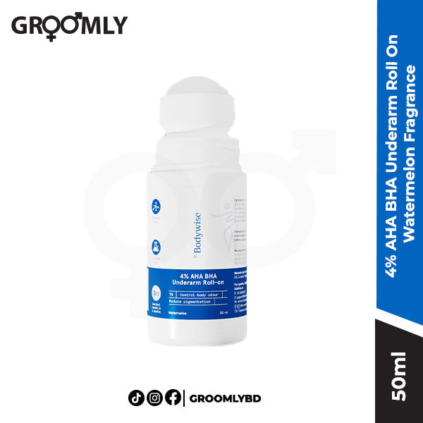 Be Bodywise 4% AHA BHA Underarm Roll On 50ml, an Indian aluminium-free deodorant with Lactic Acid and Salicylic Acid for underarm brightening and odour control in a Watermelon scent.