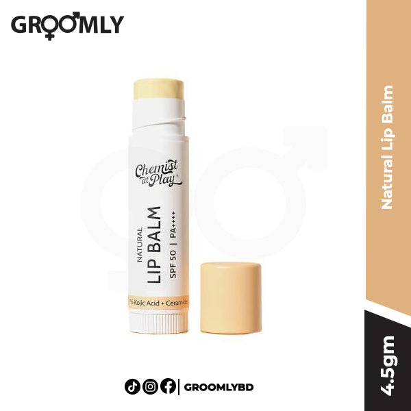 Chemist At Play Natural Lip Balm 4.5gm stick, an Indian lip balm with 1% Kojic Acid, Ceramides, and SPF 50 PA++++ for brightening dark lips and sun protection.