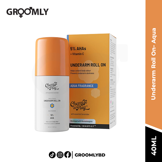 Chemist At Play Underarm Roll On with Lactic Acid in a 40ml white and blue bottle.
