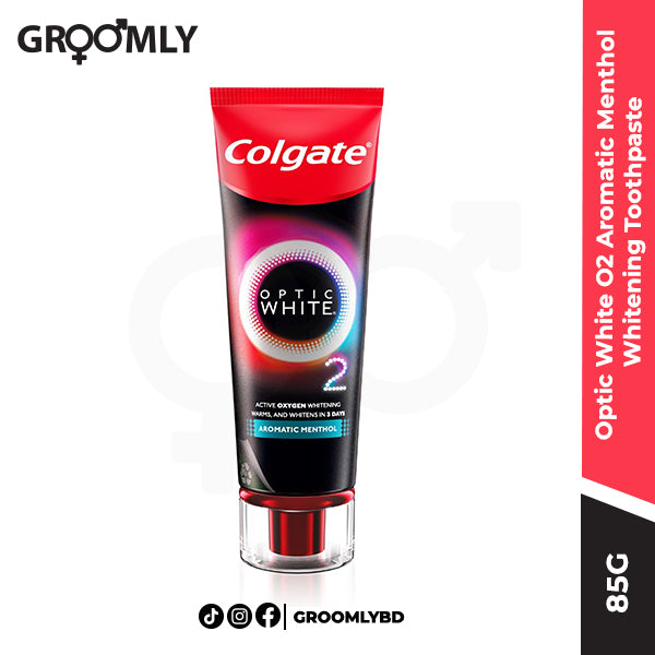 Colgate Optic White O2 Aromatic Menthol Whitening Toothpaste 85g tube, an Indian toothpaste with Active Oxygen technology for rapid teeth whitening and intense menthol freshness.