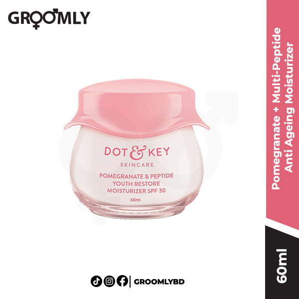 Dot and Key Pomegranate + Multi-Peptide Anti Ageing Moisturizer SPF 30 60ml jar, an Indian anti-aging face cream with Pomegranate, Multi-Peptides, and Ceramides for wrinkle reduction and daily sun protection.