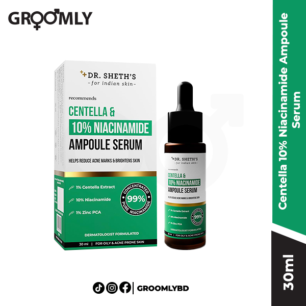 Dr Sheth's Centella 10% Niacinamide Ampoule Serum 30ml dropper bottle, an Indian serum with Cica, Niacinamide, and Zinc PCA for acne-prone skin, pore minimization, and scar fading.
