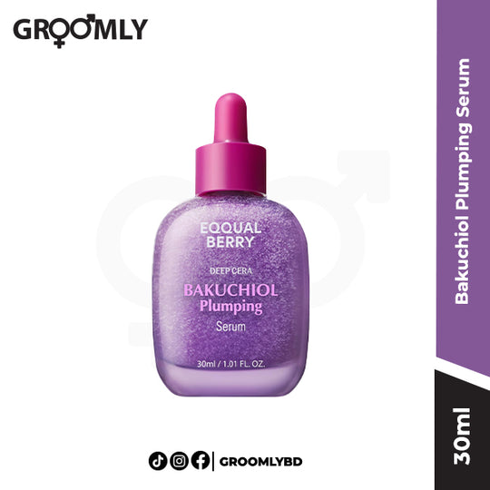 EQQUALBERRY Bakuchiol Plumping Serum 30ml dropper bottle, a Korean anti-aging serum with Bakuchiol and Hyaluronic Acid for plumping, firming, and sensitive skin.