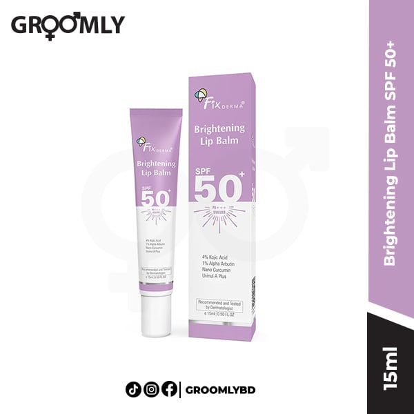 Fixderma Brightening Lip Balm SPF 50+ 15ml tube, an Indian sun-protective lip balm with Vitamin C and Shea Butter for preventing lip darkening and chapping.