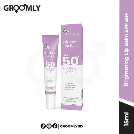 Fixderma Brightening Lip Balm SPF 50+ 15ml tube, an Indian sun-protective lip balm with Vitamin C and Shea Butter for preventing lip darkening and chapping.