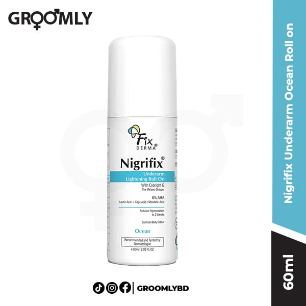 Fixderma Nigrifix Underarm Ocean Roll on 60ml, an Indian brightening and anti-perspirant deodorant with Lactic Acid and Retinyl Palmitate for dark underarms and Acanthosis Nigricans.