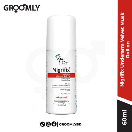 Fixderma Nigrifix Underarm Velvet Musk Roll on 60ml, an Indian brightening and anti-perspirant deodorant with Lactic Acid and Retinyl Palmitate for dark underarms.