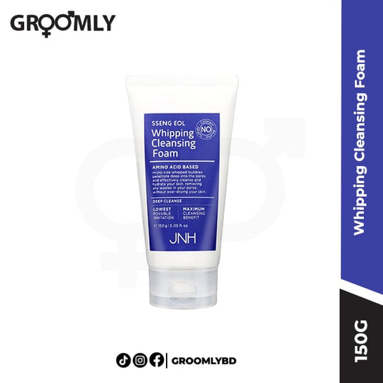 JNH Whipping Cleansing Foam 150g tube, showing the whipped, foamy texture and clean packaging.