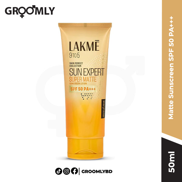 Lakme Matte Sunscreen SPF 50 PA+++ 50ML tube, an Indian oil-free sunscreen for oily skin, providing broad-spectrum protection and a matte, non-greasy finish.