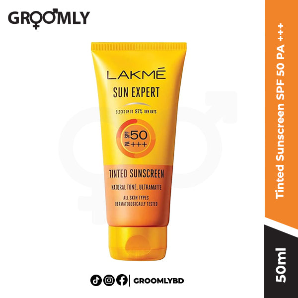 Lakme Tinted Sunscreen SPF 50 PA +++ 50ML tube, an Indian sunscreen with a sheer tint for broad-spectrum protection, sun damage prevention, and natural coverage.