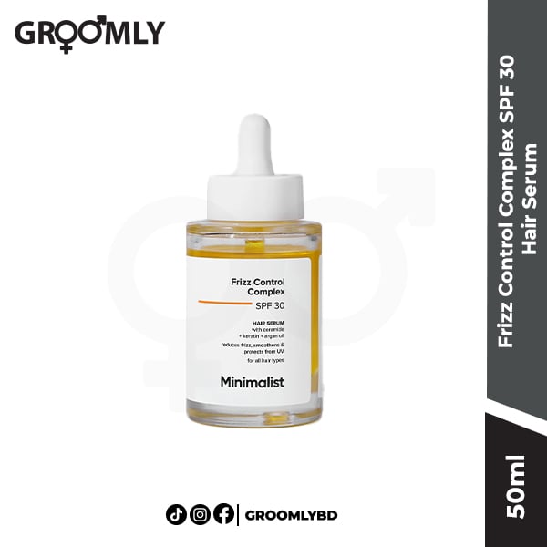 Minimalist Frizz Control Complex SPF 30 Hair Serum 50ml bottle, an Indian hair care product for sun protection, anti-frizz, and adding shine with Argan Oil.