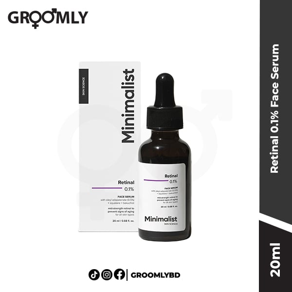 Minimalist Retinal 0.1% Face Serum 20ML dropper bottle, an Indian anti-aging serum with 0.1% Retinal, Hyaluronic Acid, and Centella Asiatica for wrinkles and skin renewal.