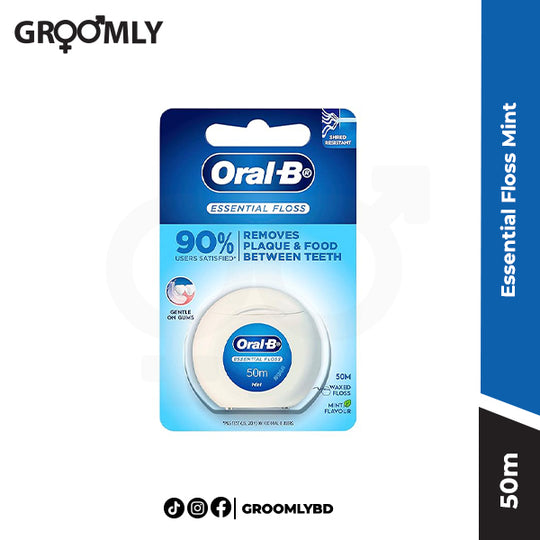 Oral-B Essential Floss with mint flavor in a 50m blue and white dispenser.