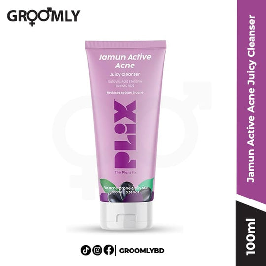 Plix Jamun Active Acne Juicy Cleanser 100ml bottle, an Indian face wash with 2% Salicylic Acid and Jamun Extract for treating acne, breakouts, and oiliness.