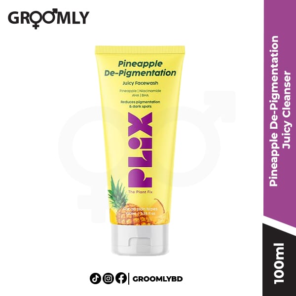 Plix Pineapple De-Pigmentation Juicy Cleanser 100ml bottle, an Indian face wash with Pineapple Enzymes and Alpha Arbutin for brightening and fading hyperpigmentation and dark spots.