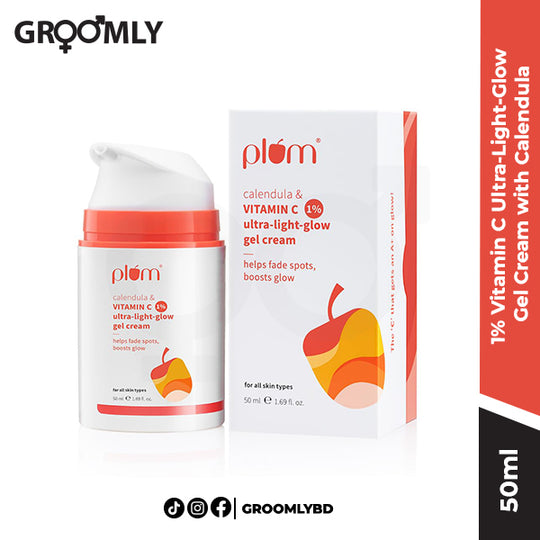 Plum 1% Vitamin C Ultra-Light-Glow Gel Cream 50g jar, an Indian gel moisturizer with Ethyl Ascorbic Acid, Calendula, and Hyaluronic Acid for oil-free hydration and brightness.