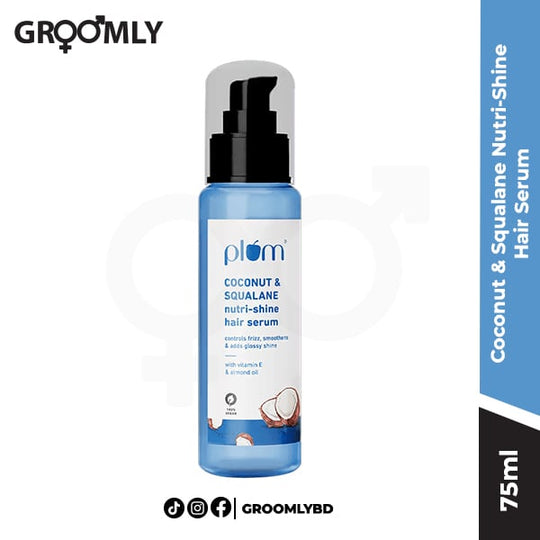 Plum Coconut & Squalane Nutri-Shine Hair Serum 75ML bottle, an Indian silicone-free hair serum with Squalane and Coconut Milk for frizz control, nourishment, and hair shine.