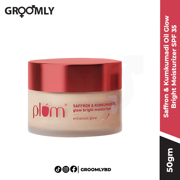 Plum Saffron & Kumkumadi Oil Glow Bright Moisturizer 50 gm jar, an Indian Ayurvedic cream with SPF 35, Saffron, and Kumkumadi Oil for brightening and UV protection.