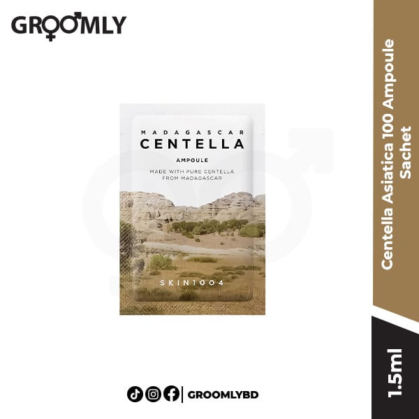 SKIN1004 Madagascar Centella Asiatica 100 Ampoule 1.5ml sachet, a Korean pure Centella extract sample for soothing sensitive, acne-prone, and irritated skin.
