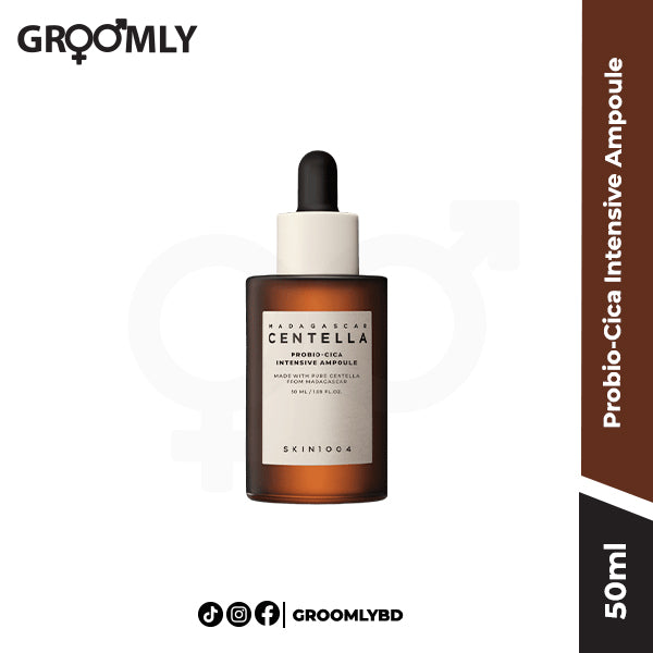 SKIN1004 Madagascar Centella Probio-Cica Intensive Ampoule 50ml bottle, featuring a milky-textured serum with a dropper, used for skin barrier repair and soothing.