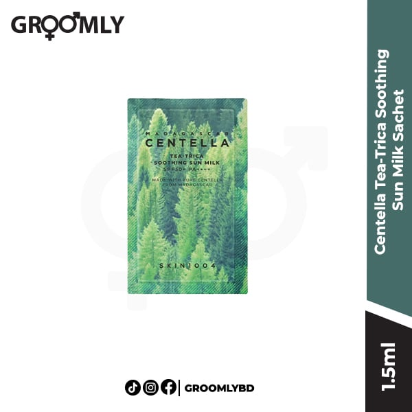 SKIN1004 Madagascar Centella Tea-Trica Soothing Sun Milk 1.5ml sachet, a Korean chemical sunscreen sample with Centella Asiatica and Tea Tree for acne-prone skin.