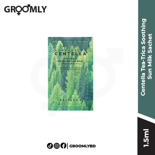 SKIN1004 Madagascar Centella Tea-Trica Soothing Sun Milk 1.5ml sachet, a Korean chemical sunscreen sample with Centella Asiatica and Tea Tree for acne-prone skin.