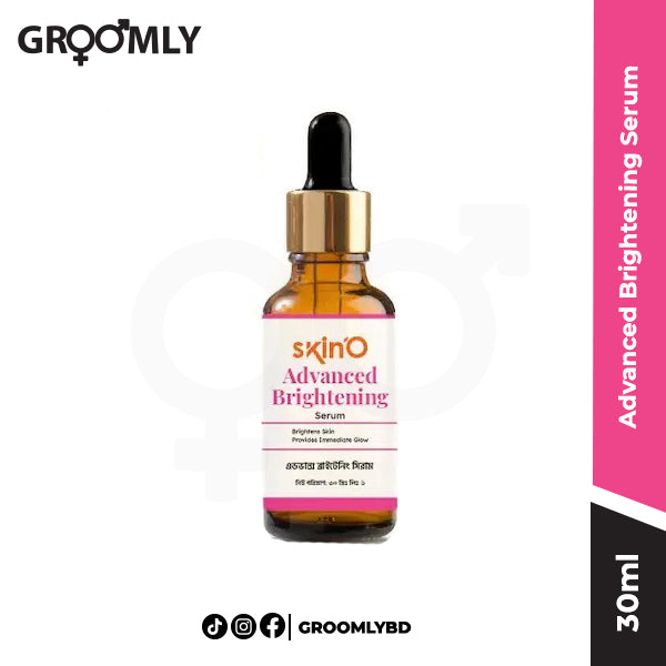 Skin'O Advanced Brightening Serum 30ml dropper bottle, a Bangladeshi serum with Niacinamide, Alpha Arbutin, and Hyaluronic Acid for fading dark spots and boosting skin radiance.