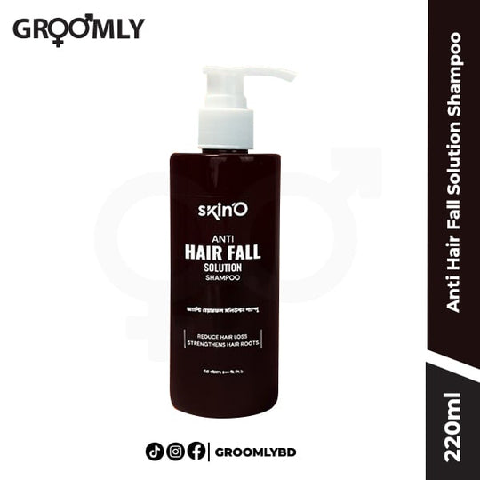 Skin'O Anti Hair Fall Solution Shampoo 220ml bottle, a Bangladeshi shampoo with Onion Extract and Coconut Milk for strengthening hair and reducing hair fall.