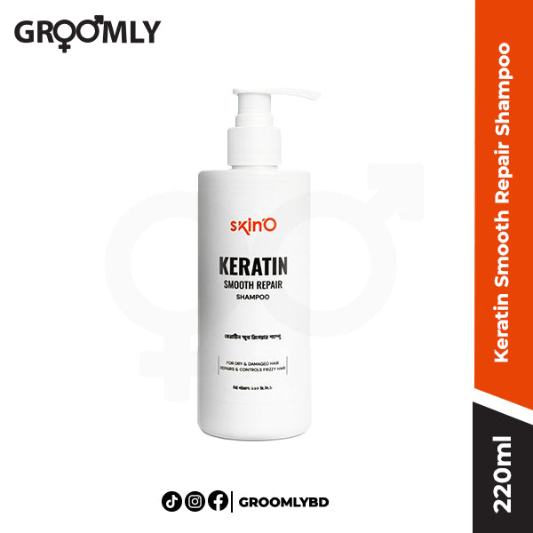 Skin'O Keratin Smooth Repair Shampoo 220ml bottle, a hair repair shampoo with keratin for smoothing frizzy and damaged hair.