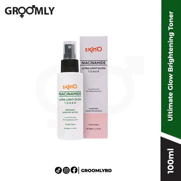 Skin'O Ultimate Glow Brightening Toner 100ml bottle, showing the clear liquid and modern, minimalist packaging of a Bangladeshi skincare product.