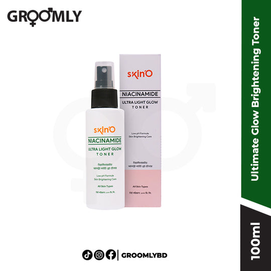 Skin'O Ultimate Glow Brightening Toner 100ml bottle, showing the clear liquid and modern, minimalist packaging of a Bangladeshi skincare product.