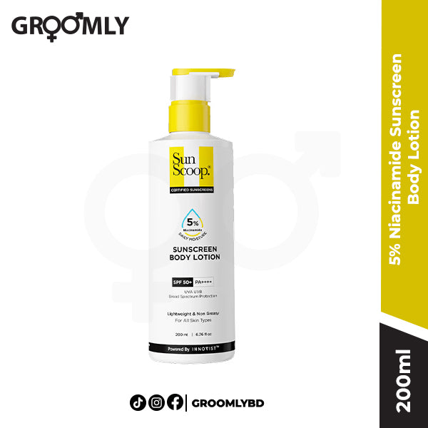 Sunscoop 5% Niacinamide Sunscreen Body Lotion 200ml pump bottle, an Indian body sunscreen with SPF 50+ PA++++, Niacinamide, and Ceramides for brightening and sun protection.