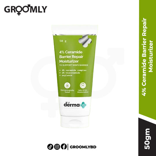 The Derma Co 4% Ceramide Barrier Repair Moisturizer 50g tube, a rich face cream with Ceramides and Niacinamide for repairing dry and damaged skin barriers.
