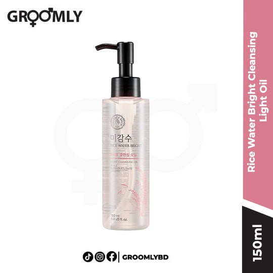 The Face Shop Rice Water Bright Cleansing Light Oil 150ml bottle, showing its clear liquid and clean, minimalist packaging.