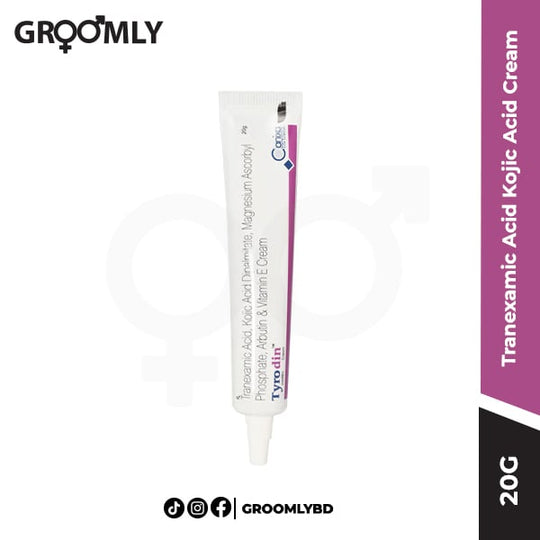 Tyrodin Tranexamic Acid Kojic Acid Cream 20g tube, a max-strength pigmentation cream with Tranexamic Acid and Kojic Acid for treating melasma and dark spots.