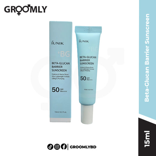 iUNIK Beta-Glucan Barrier Sunscreen 15ml tube, a mini Korean moisturizing sunscreen with SPF50+ PA+++ and Beta-Glucan for sensitive skin with no white cast.