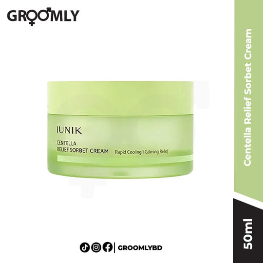 iUNIK Centella Relief Sorbet Cream 50ml jar, a Korean soothing moisturizer with 70% Centella Asiatica and Tea Tree for daily hydration of oily, acne-prone, and sensitive skin.