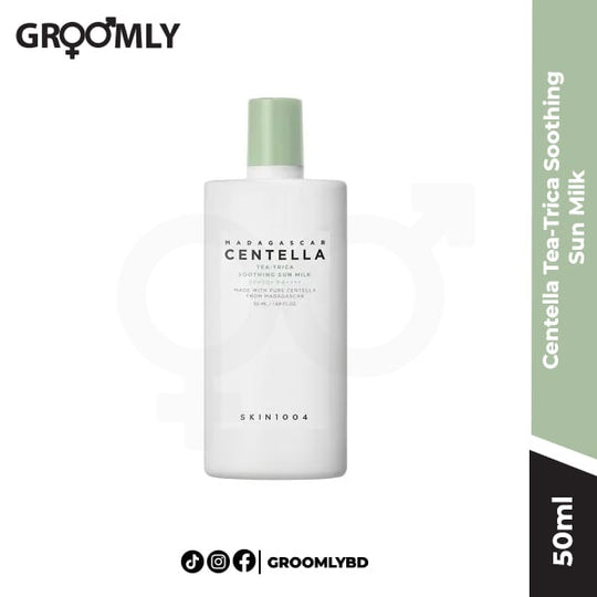 SKIN1004 Madagascar Centella Tea-Trica Soothing Sun Milk 50ml bottle, a Korean chemical sunscreen with Centella Asiatica and Tea Tree for acne-prone skin and maximum UV defense.